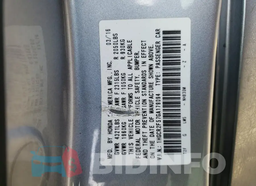 1HGCR2F57GA179094 Photo# 12