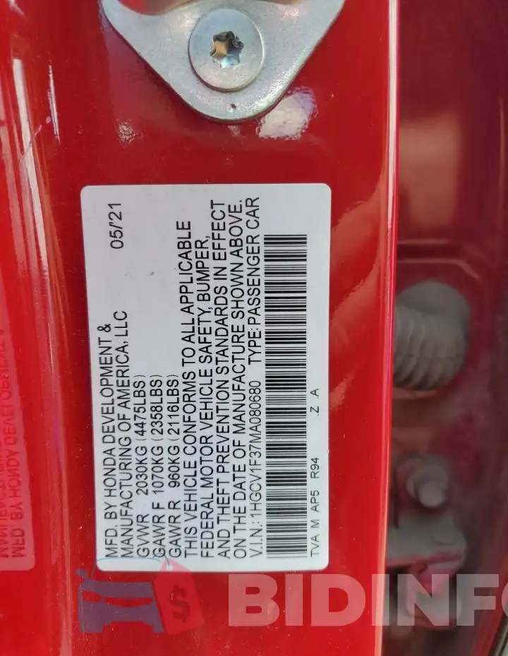 1HGCV1F37MA080680 Photo# 12