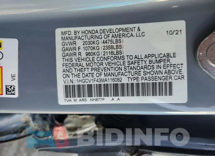 1HGCV1F43MA116082 Photo# 12