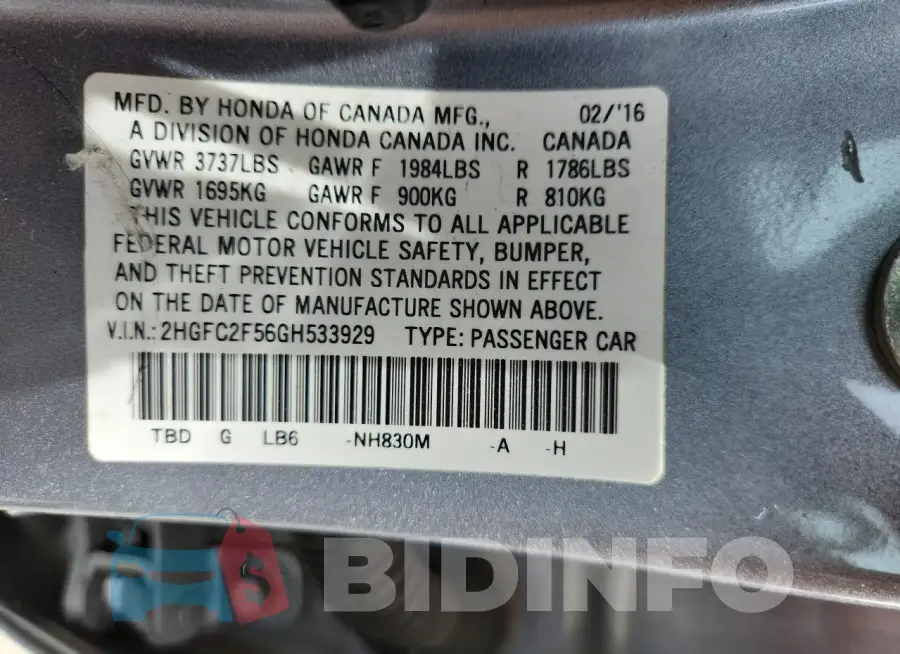 2HGFC2F56GH533929 Photo# 12