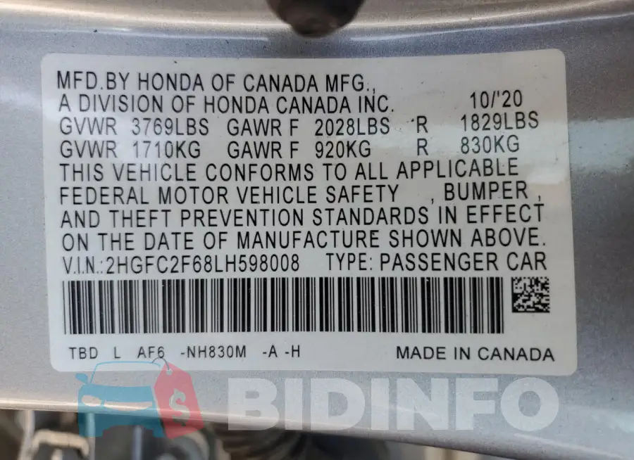 2HGFC2F68LH598008 Photo# 13