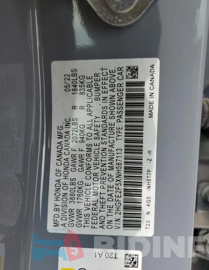 2HGFE2F5XNH587113 Photo# 12