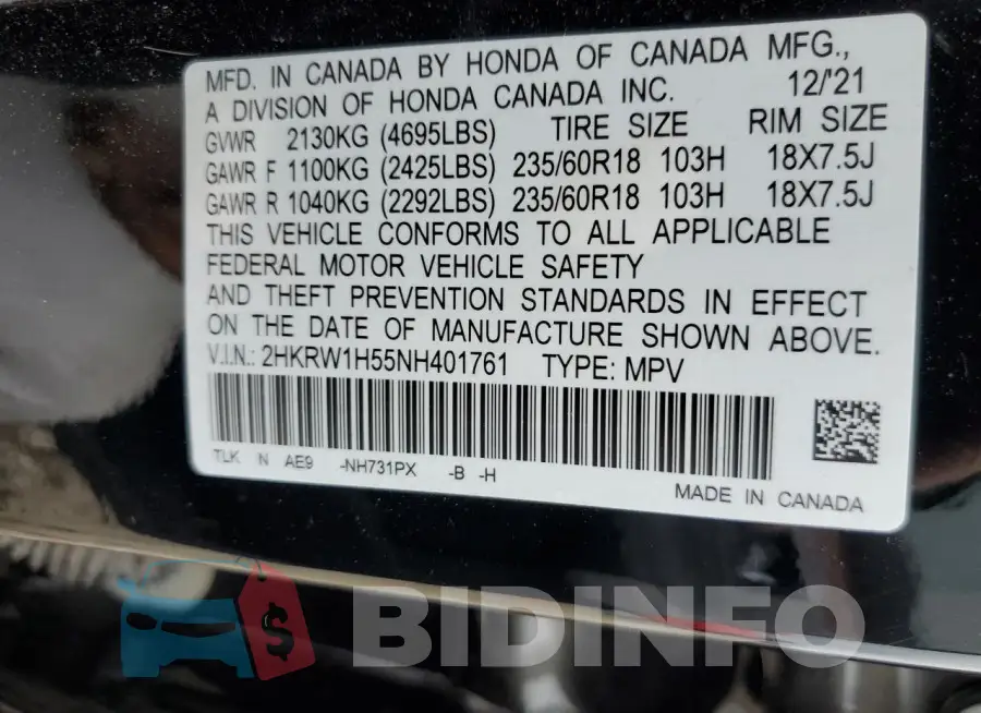 2HKRW1H55NH401761 Photo# 13