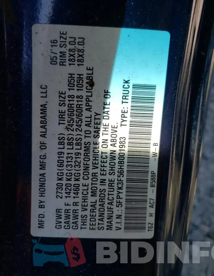 5FPYK3F56HB001983 Photo# 14