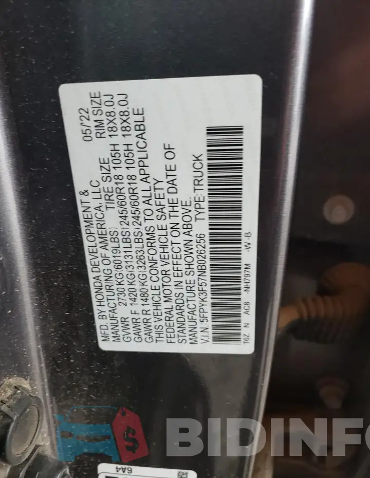 5FPYK3F57NB026256 Photo# 12