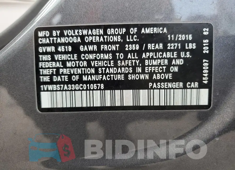 1VWBS7A33GC010578 Photo# 13