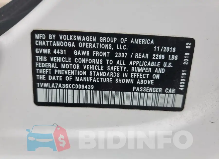 1VWLA7A36KC009439 Photo# 12