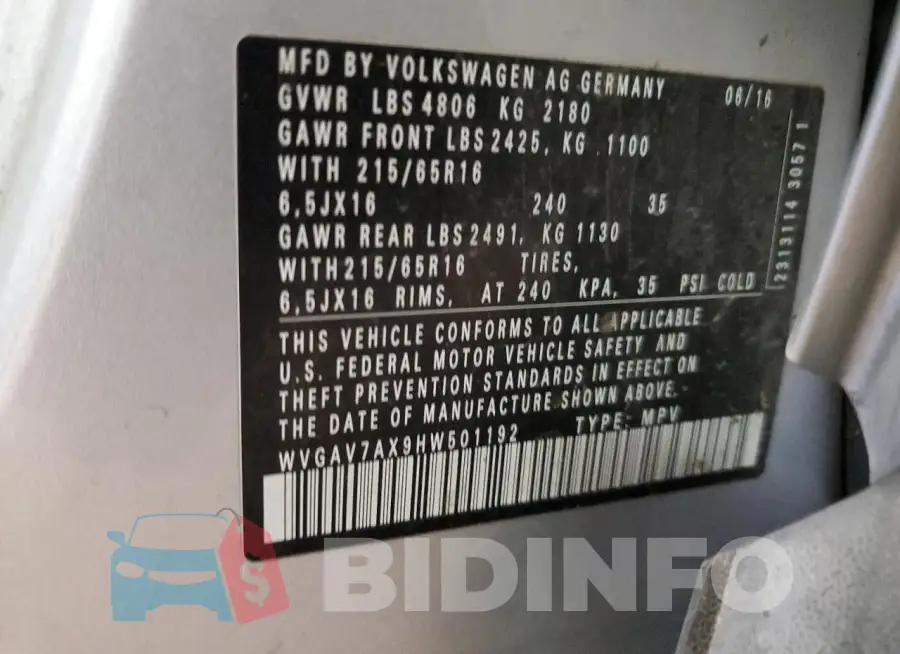 WVGAV7AX9HW501192 Photo# 13