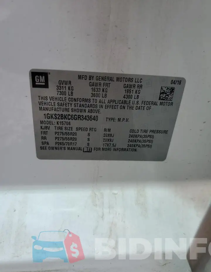 1GKS2BKC6GR343640 Photo# 13