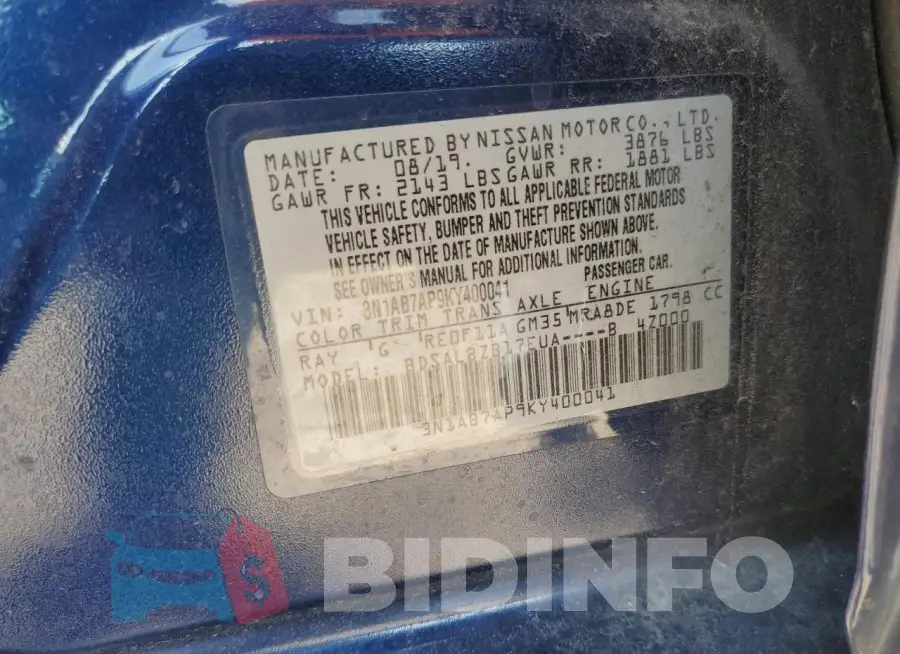 3N1AB7AP9KY400041 Photo# 12