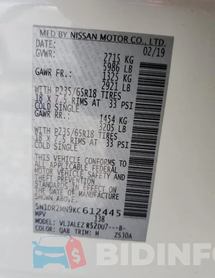 5N1DR2MN9KC612445 Photo# 14