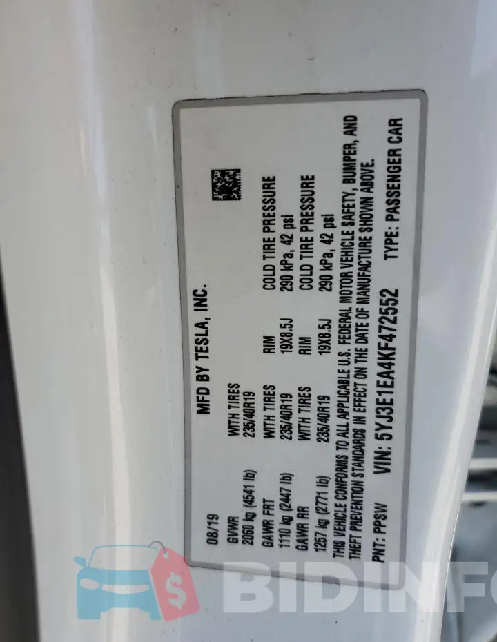 5YJ3E1EA4KF472552 Photo# 12