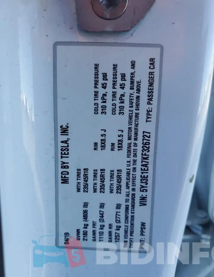5YJ3E1EA7KF326727 Photo# 13