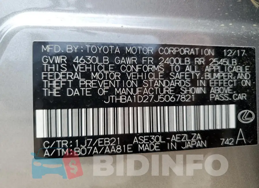 JTHBA1D27J5067821 Photo# 12