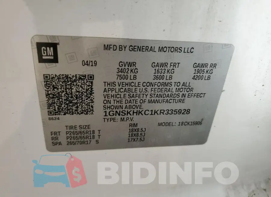 1GNSKHKC1KR335928 Photo# 13