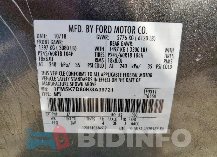 1FM5K7D80KGA39721 Photo# 13