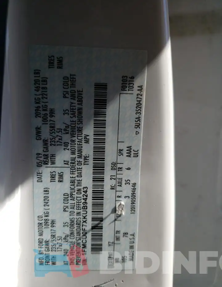 1FMCU0F7XKUB94243 Photo# 13