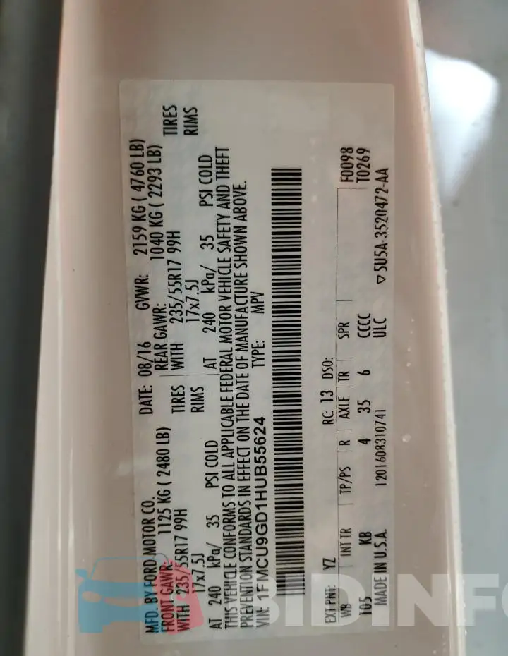 1FMCU9GD1HUB55624 Photo# 14