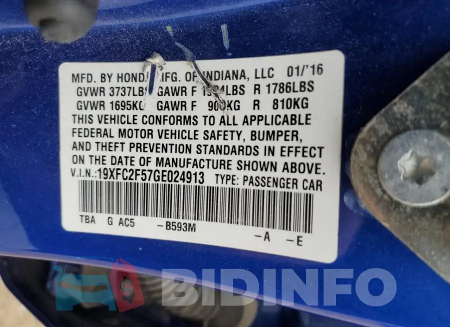 19XFC2F57GE024913 Photo# 12