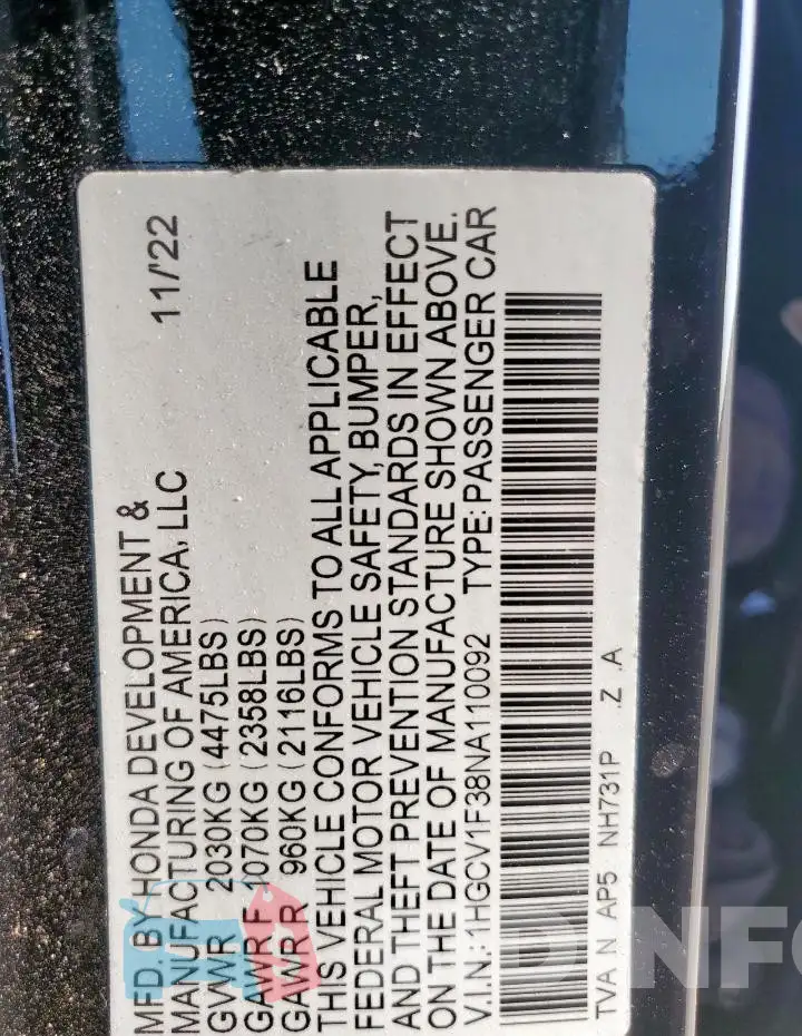 1HGCV1F38NA110092 Photo# 12