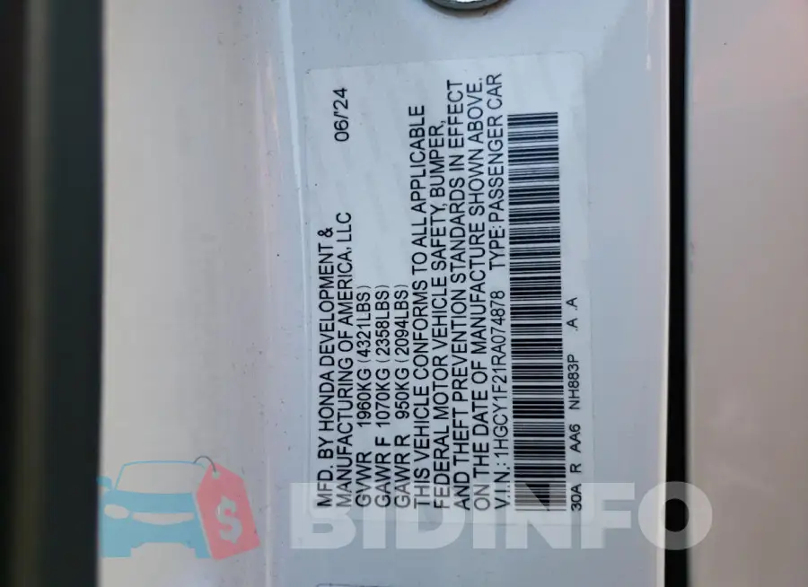 1HGCY1F21RA074878 Photo# 12