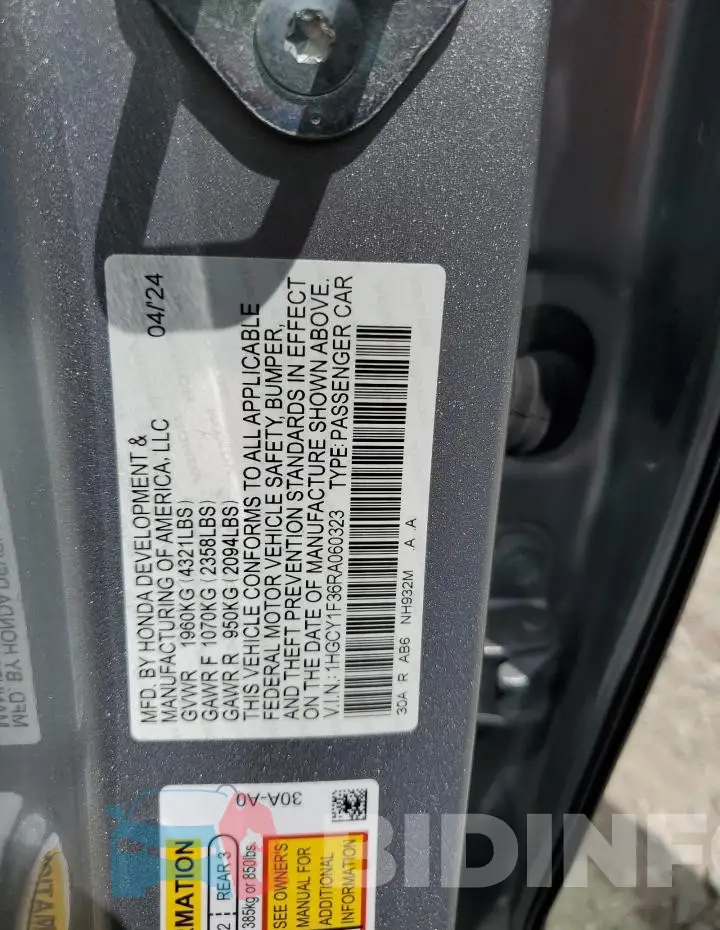 1HGCY1F36RA060323 Photo# 12