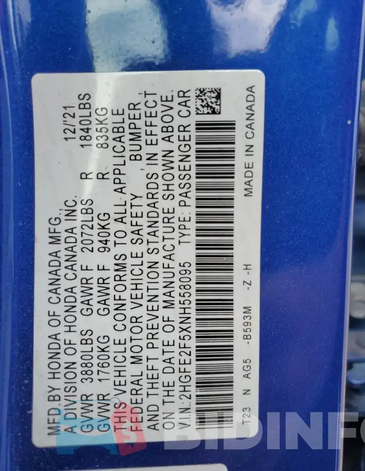 2HGFE2F5XNH558095 Photo# 12