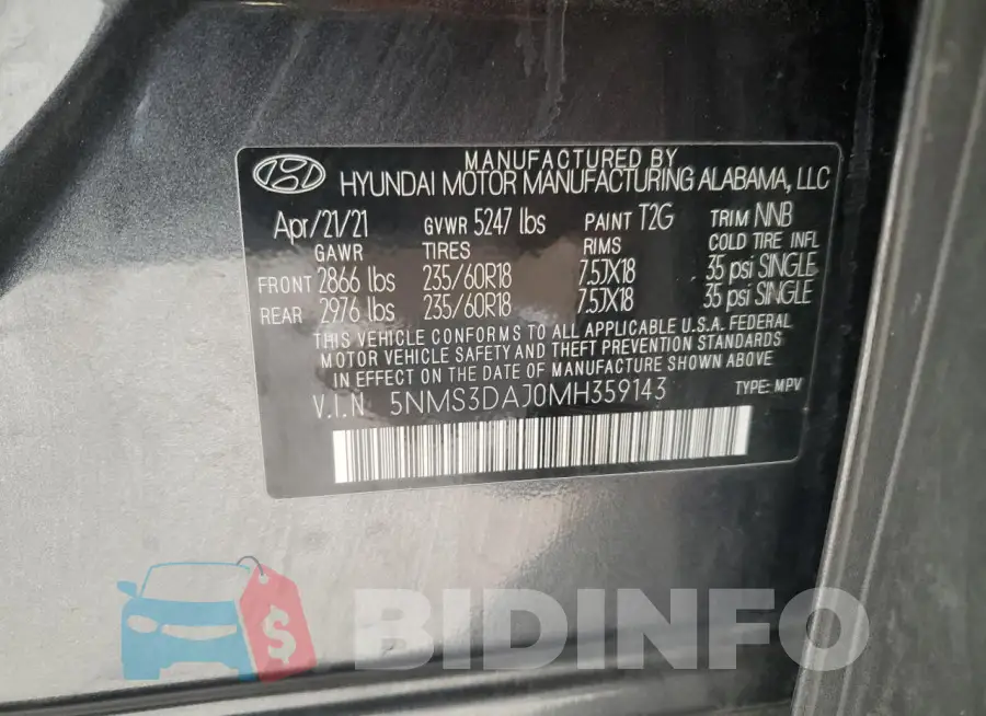 5NMS3DAJ0MH359143 Photo# 13