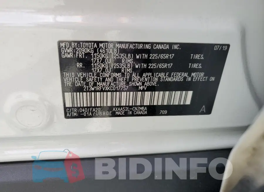 2T3W1RFVXKC017757 Photo# 14