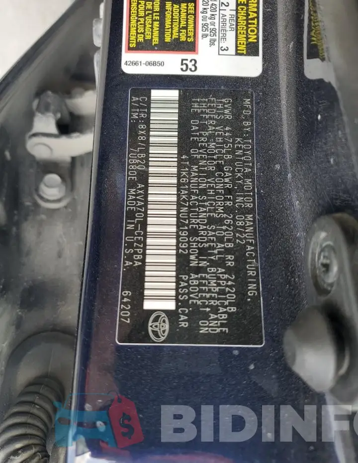 4T1K61AK7NU719092 Photo# 12