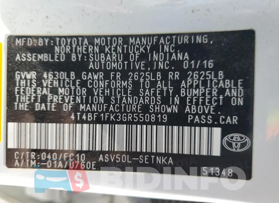 4T4BF1FK3GR550819 Photo# 12
