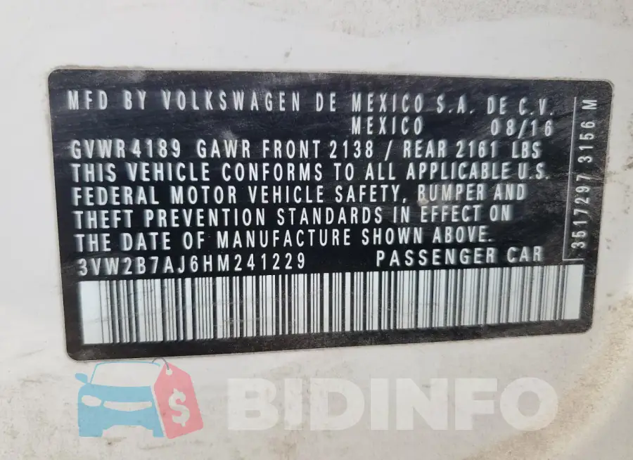 3VW2B7AJ6HM241229 Photo# 14