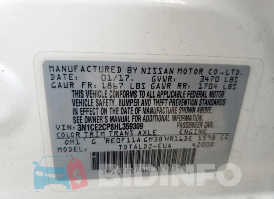 3N1CE2CP8HL359309 Photo# 13