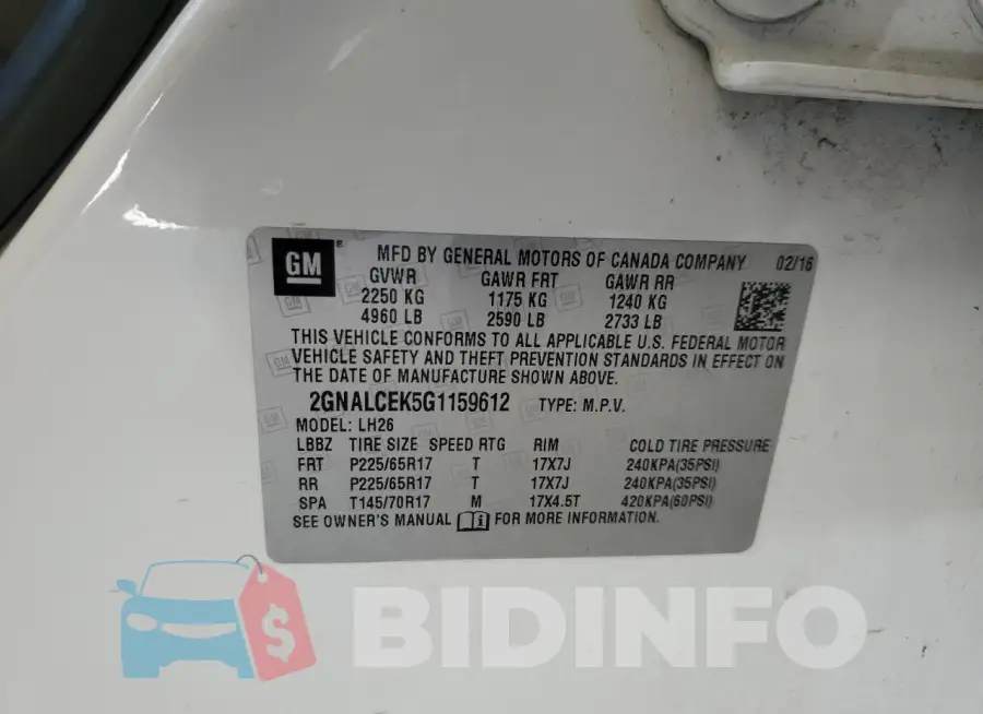 2GNALCEK5G1159612 Photo# 13