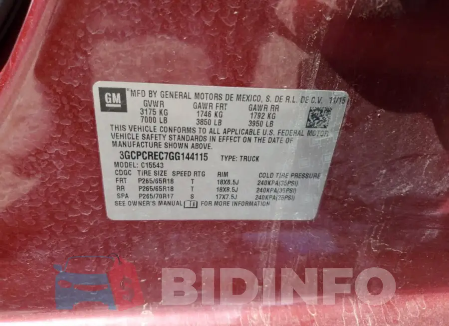 3GCPCREC7GG144115 Photo# 12 3GCPCREC7GG144115 Photo# 12