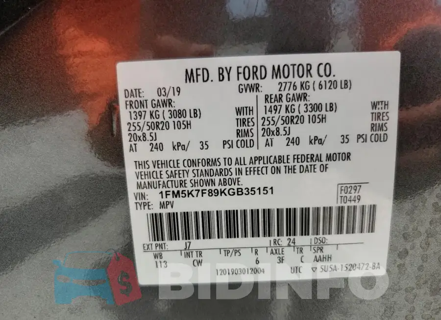 1FM5K7F89KGB35151 Photo# 14