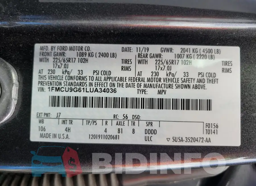 1FMCU9G61LUA34036 Photo# 12