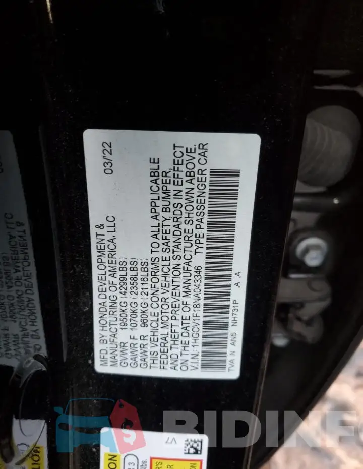 1HGCV1F18NA043346 Photo# 12