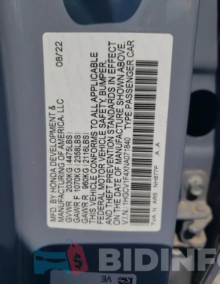 1HGCV1F4XNA071840 Photo# 13