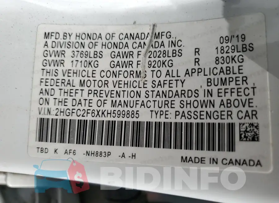 2HGFC2F6XKH599885 Photo# 13