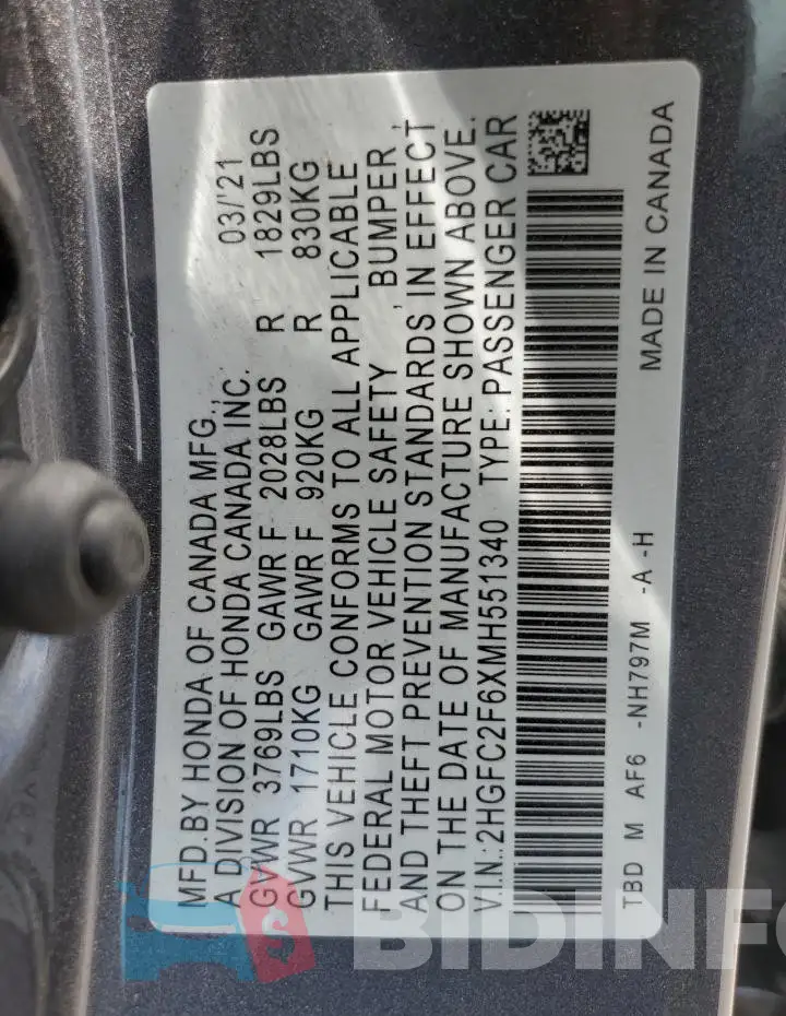 2HGFC2F6XMH551340 Photo# 12