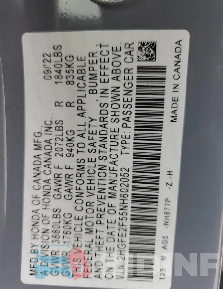 2HGFE2F55NH602052 Photo# 12