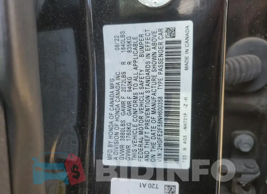 2HGFE2F58NH600358 Photo# 13