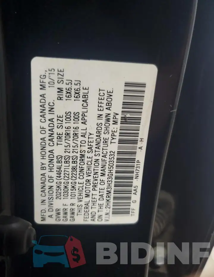 2HKRM3H33GH503532 Photo# 13