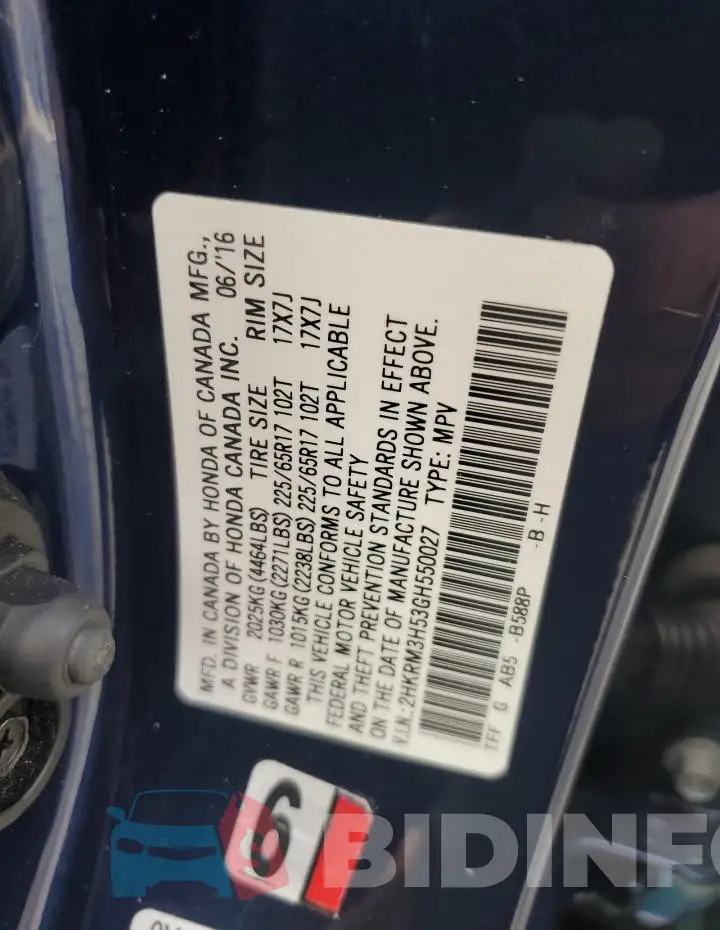 2HKRM3H53GH550027 Photo# 13