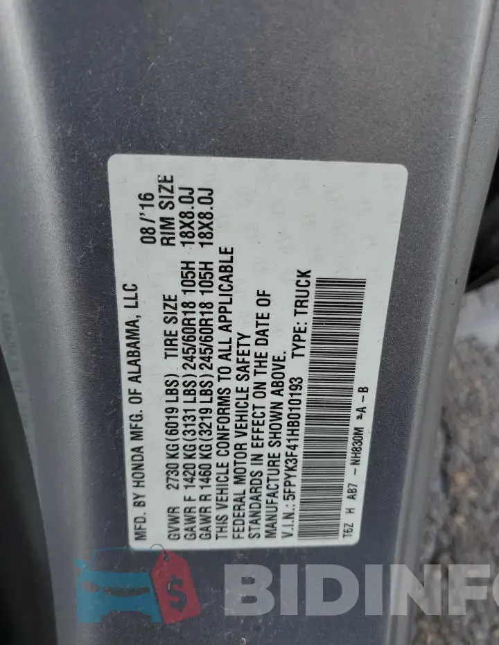 5FPYK3F41HB010193 Photo# 12