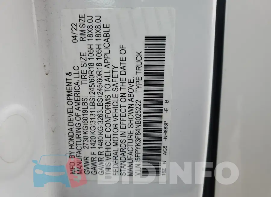 5FPYK3F84NB025222 Photo# 13