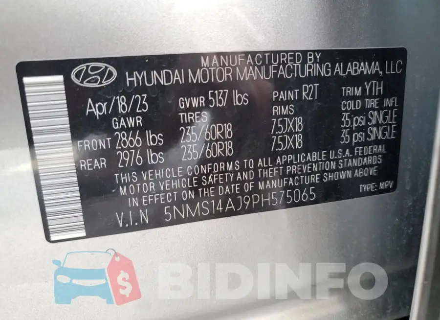 5NMS14AJ9PH575065 Photo# 13