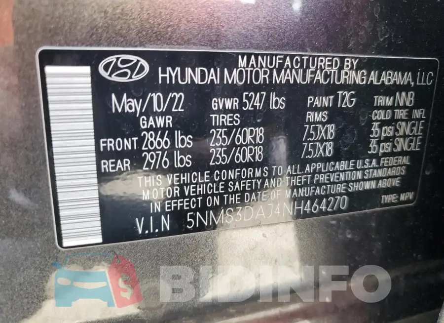 5NMS3DAJ4NH464270 Photo# 13
