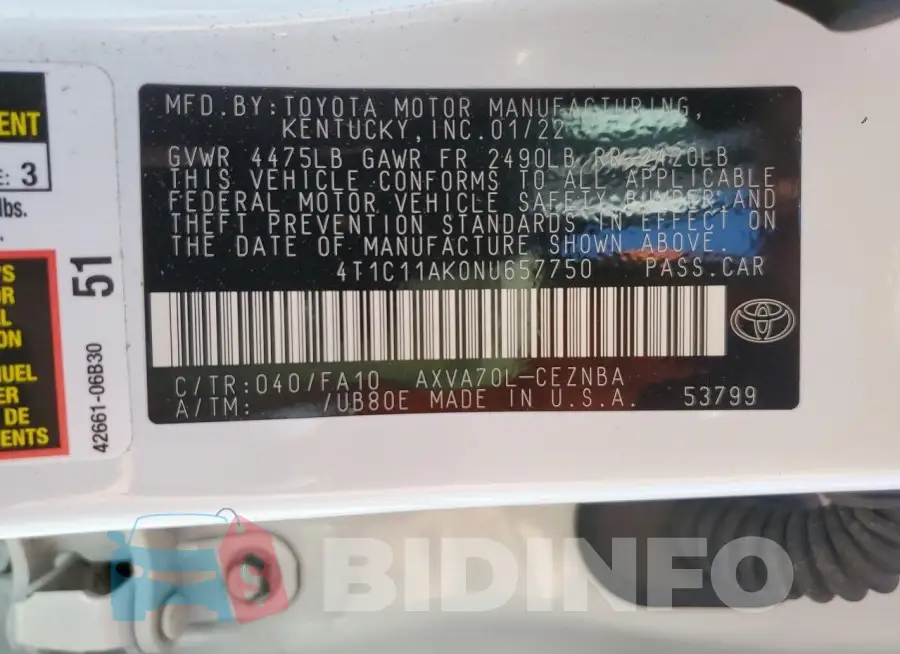 4T1C11AK0NU657750 Photo# 12
